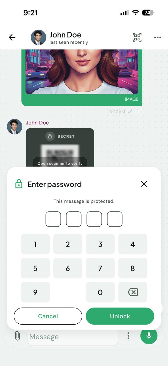 Password mode — 4-digit PIN before reveal