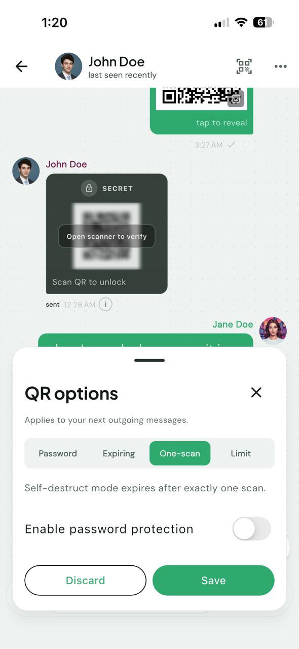 QR options sheet with Password, Expiring, One-scan, and Limit tabs