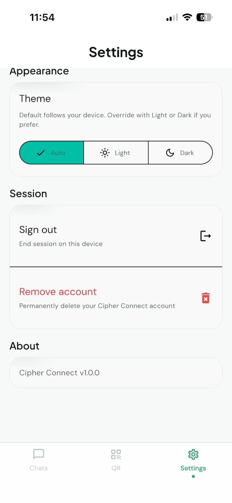 Cipher Connect Settings screen with Remove account option highlighted