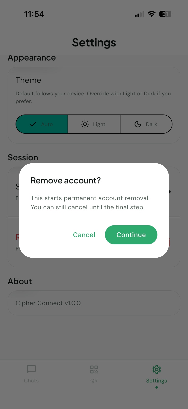 Cipher Connect confirmation dialog to permanently remove the account